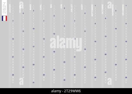 Einzeiliger vertikaler Kalender für das Jahr 2024 auf Französisch. Französischer Kalender für 2024 mit hervorgehobenen Sonntagen. Vektorabbildung. Stock Vektor