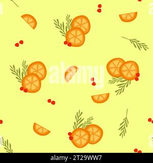 Nahtloses Muster für Weihnachten und frohes neues Jahr. Weihnachtsbaum, rote Beeren und Mandarinen. Symbole für das neue Jahr. Vektor flache Zeichentrickillustration, Feiertag Stock Vektor