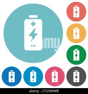 Akku mit Energiesymbol flache weiße Symbole auf runden farbigen Hintergründen Stock Vektor