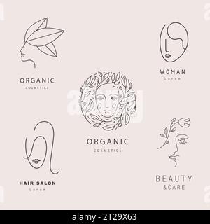 Vektorset von Frauen Gesichter, Körper eine Kunstillustrationen, Köpfe mit Blumen und Blättern, feminines Naturkonzept. Für Drucke, Tattoos, Poster Stock Vektor