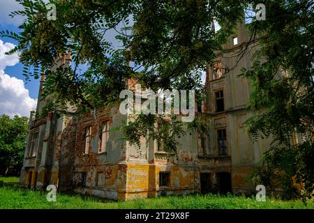 Die Ruine des Herrenhauses Rosen, ein neogotisches Gebäude aus der zweiten Hälfte des 19. Jahrhunderts, in Roznow (Rosen), Woiwodschaft Oppeln, Polen. Stockfoto