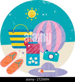 Vektor Sommer bunte Illustration, Reisen, Urlaub. Set von Strandferien, Objekte am Meer. Stock Vektor