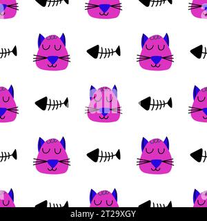 Hand gezeichnetes nahtloses Vektor-Muster von lustigen Zeichentrickkitten, Fischen, Fischknochen Stock Vektor