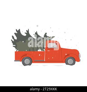 Weihnachtsroter Retro-Truck mit einem Weihnachtsbaum auf weißem Hintergrund. Vintage Pickup Truck mit Tanne, Vektor-Illustration. Stock Vektor