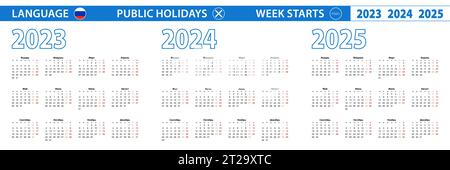 Einfache Kalendervorlage auf Russisch für 2023, 2024, 2025 Jahre. Die Woche beginnt am Montag. Vektorabbildung. Stock Vektor