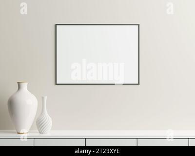 Rahmenmodell auf weißer Wand. Poster-Mockup. Sauber, modern, minimaler Rahmen. Leeren Sie den Rahmen im Innenbereich, zeigen Sie Text oder Produkt an Stockfoto