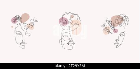Vektorsatz von Frauen Gesichtern, Strichgrafik Illustrationen, Logos mit Blumen und Blättern, feminines Naturkonzept. Für Drucke, Tattoos, Poster, Textilien Stock Vektor