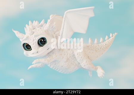 Niedlicher Zeichentrickfilm-Baby-Drache, der durch Wolken fliegt. 3D-Rendering Stockfoto