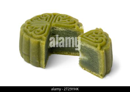 Green Snowskin oder Crystal Skin Mooncake, eine neue Variante des Mooncake für das Mid-Herbstfest Close Up Isolatede auf weißem Hintergrund Stockfoto