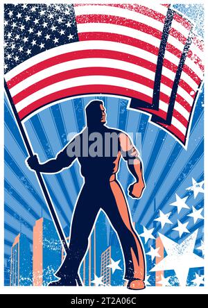 Poster im Vintage-Stil mit auffälliger Silhouette vor amerikanischer Flagge, mit dynamischen Linien und einer modernen Stadtlandschaft. Stock Vektor