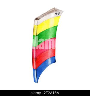 Deckblattansicht eines TV-Guide-Magazins im Retro-Stil der 1990er Jahre. Handgezeichnete Aquarellillustration isoliert auf weißem Hintergrund. Funky Tagebuch aus den 80er 90er Jahren Stockfoto