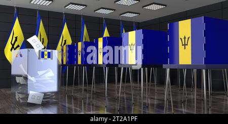 Barbados - Wahlstation mit Wahlkabinen und Wahlurnen - Wahlkonzept - 3D-Illustration Stockfoto