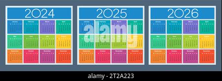 Farbenfroher Kalender für 2024, 2025 und 2026 Jahre. Die Woche beginnt am Sonntag. Isolierte Vektordarstellung. Stock Vektor