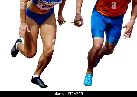 Weibliche blinde Para-Läuferin mit männlichem Guide startet das Rennen isoliert auf weißem Hintergrund Stockfoto