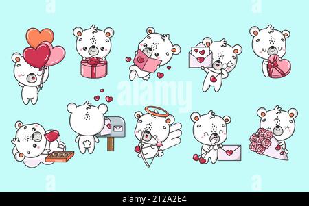 Set von Cartoon Kawaii Polar Bear Illustrationen in Love. Sammlung von niedlichen Vektor isoliert Baby Bär Stock Vektor