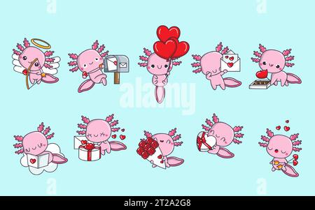 Set von Cartoon Kawaii Axolotl Illustrationen in Love. Sammlung von niedlichen Vektor-isolierten Baby-Axolotl Stock Vektor