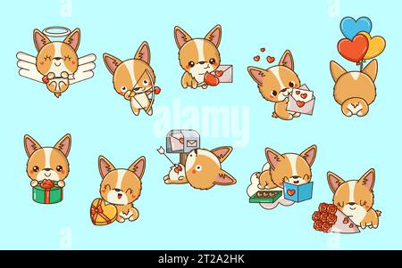 Set mit Illustrationen von Kawaii Corgi Dog in Love. Sammlung von niedlichen Vektor isolierten Baby Hund. Stock Vektor