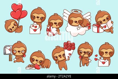 Set von Cartoon Kawaii Sloth Illustrationen in Love. Sammlung von niedlichen isolierten Baby Sloth. Stock Vektor