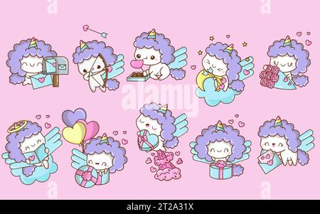 Set von Cartoon Kawaii Unicorn Illustrationen in Love. Sammlung von niedlichen Vector isolierten Baby-Einhorn Stock Vektor