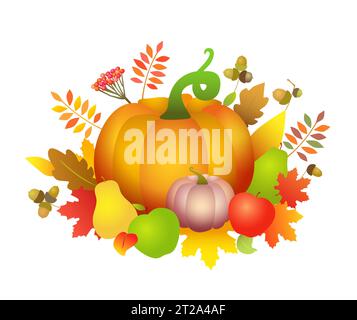 Herbstfrüchte und -Pflanzen. Vektor-Stillleben. Weihnachtsdekoration für die Ernte. Dekorative isolierte 3D-Elemente im Herbst. Kreative Komposition. Wir Freuen Uns Über Thanksgivin Stock Vektor