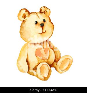 Aquarell netter Teddybär, handgezeichnete Illustration des Zeichentrickspielzeugs des Kindes, schöner flauschiger Spielzeugbär isoliert auf weißem Hintergrund, beige und braune Spielzeug, SK Stockfoto