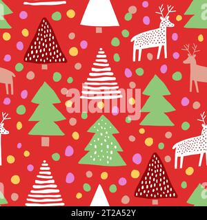 Weihnachtsbäume, Rentiermuster auf rotem Hintergrund. Handgezeichnetes Weihnachtsmuster im Cut-out-Stil. Vektorabbildung Stock Vektor