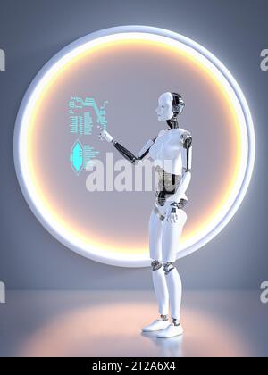 3D-Rendering eines Roboters, der auf einem transparenten digitalen Touchscreen arbeitet, der in der Luft schwimmt. Futuristisches Konzept. Stockfoto