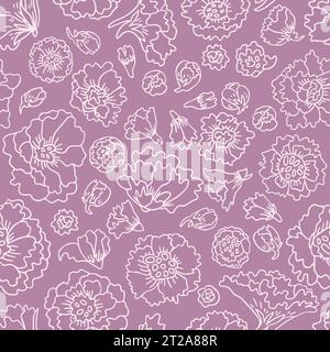 Delphinium-Blumenmuster mit weißen, kräftigen Umrissen auf violettem Hintergrund. Stock Vektor