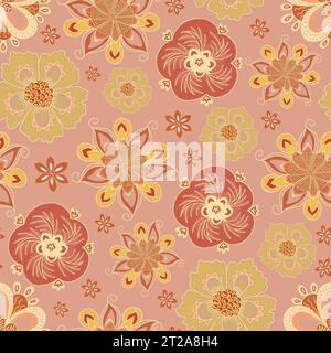 Nahtloses Blumenmuster in Orange und Rosa in Spitzendesign, romantische Blumenmotive Stock Vektor