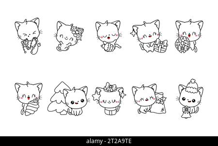 Set der Kawaii Weihnachtskatze Malseite. Sammlung von niedlichen Vektor Weihnachten Tier Outline Stock Vektor