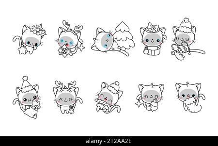 Satz von Vektor Weihnachten Siam Katze Malseite. Sammlung von Kawaii New Year Kitten Outline. Stock Vektor