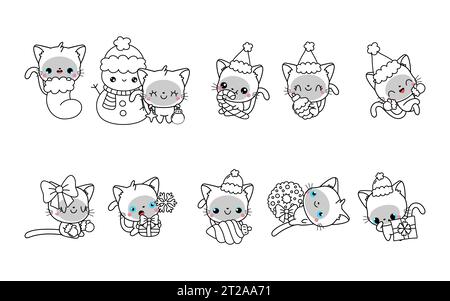 Set mit Kawaii Christmas Siam Cat Malpage. Sammlung von niedlichen Vektor-Weihnachtskatze Outline Stock Vektor