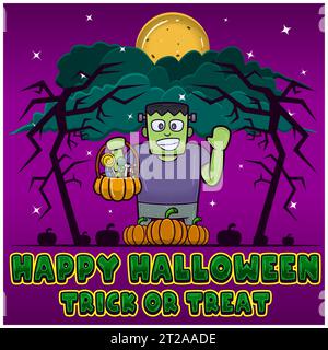 Grüner Zombie, Der Candy Hält. Frohes Halloween. Trick or Treat. Grußkarte, Einladung und Poster. Vektoren und Illustrationen. Stock Vektor