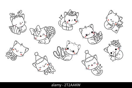 Set der Kawaii Weihnachtskatze Malseite. Sammlung von niedlichen Vektor Weihnachten Kitten Outline Stock Vektor