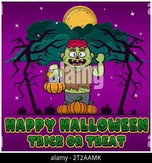 Zombie Hält Candy. Frohes Halloween. Trick and Treat. Grußkarte, Einladung und Poster. Vektoren und Illustrationen. Stock Vektor