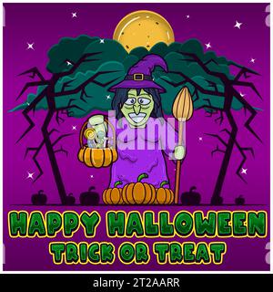 Hexe Hält Candy. Frohes Halloween. Trick and Treat. Grußkarte, Einladung und Poster. Vektoren und Illustrationen. Stock Vektor