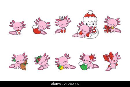 Set von Vector Christmas Axolotl. Sammlung von Kawaii isolierten Weihnachtstierkunst für Sticker. Stock Vektor