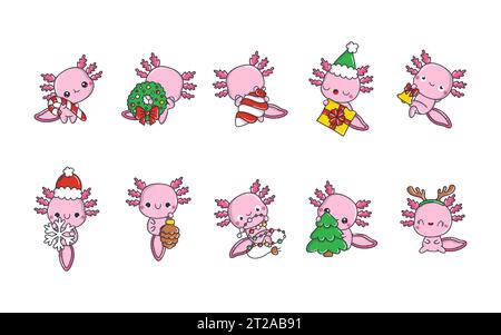 Set von Kawaii Christmas Axolotl. Sammlung von Vector Xmas Salamander Illustrationen für Aufkleber. Stock Vektor