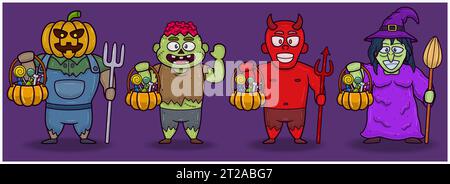 Monster Kürbis, Zombie, Roter Teufel und Hexe. Halloween Set Maskottchen Figuren. Vektoren und Illustrationen. Stock Vektor