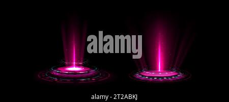 Set aus pinkfarbenen High-Tech-Hologramm-Portalen mit Lichteffekt. Vektorrealistische Illustration futuristischer Spieltechnik, rundes Podium mit strahlendem Laser Stock Vektor
