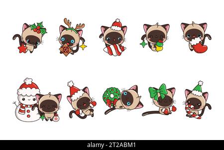 Satz von Vektor Weihnachten Siam Kat. Sammlung von Kawaii isolierten Weihnachtskätzchen für Sticker Stock Vektor