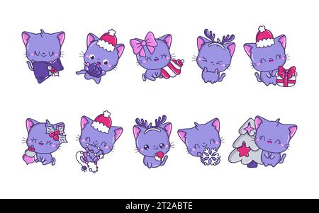 Set von Kawaii Weihnachtskatze Vektor. Sammlung von niedlichen Vektor Weihnachten Tier Illustrationen für Aufkleber Stock Vektor