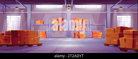 Logistiklager innen mit Karton und Palettenvektor. Fabrikgebäude oder Lagergebäude mit Fracht in Regalregalen für den Vertrieb. Hangar-Raum i Stock Vektor