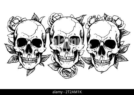 Schädel mit Rosen handgezeichnete Tuschenskizze. Vektorillustration mit Gravur. Stock Vektor