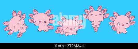 Set von Kawaii isoliertem Axolotl. Sammlung von Vektor-Cartoon-Tierillustrationen für Aufkleber. Stock Vektor