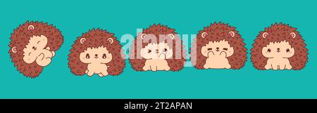 Satz von Vektor-Cartoon-Igel-Illustrationen. Sammlung von Kawaii isolierten Tierarten für Aufkleber Stock Vektor