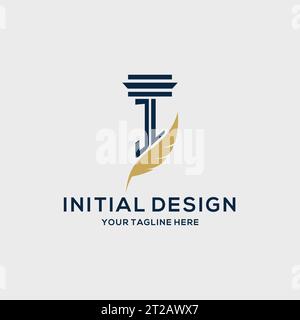 JL-Monogramm-Initiallogo mit Säulen- und Federdesign, Anwaltskanzlei-Logo-Inspiration Stock Vektor