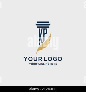 Initiallogo mit KP-Monogramm und Säulen- und Federdesign, Anwaltskanzlei-Logo inspiriert Stock Vektor