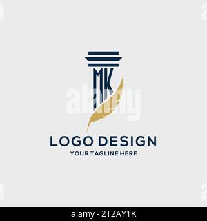 Initiallogo mit MK-Monogramm und Säulen- und Federdesign, Anwaltskanzlei-Logo inspiriert Stock Vektor