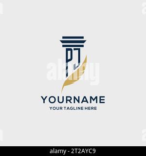 PJ-Monogramm-Initiallogo mit Säulen- und Federdesign, Anwaltskanzlei-Logo inspiriert Stock Vektor